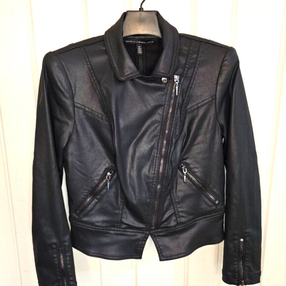 🔥HP🔥MOTO JACKET, BLACK COATED w/ DIAGONAL ZIPPERED CLOSURE from WHBM, SIZE 2P - Picture 4 of 16